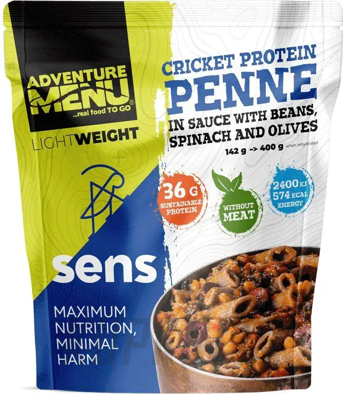 AdventureMenu Cvrččí proteinové penne v omáčce s fazolemi, špenátem a olivami Sezónní Sleva