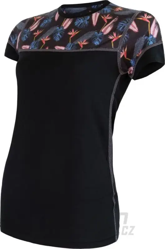 Dámské triko Sensor Merino Impress, kr. rukáv - černá/floral Nejprodávanější