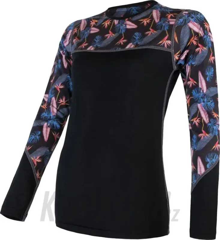 Dámské triko Sensor Merino Impress, dl. rukáv - černá/floral Speciální Cena
