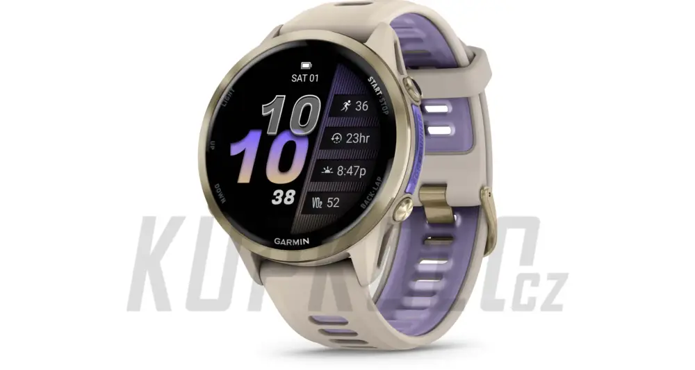 Finální Výprodej Garmin Forerunner 970 Soft Gold titanová luneta, béžové pouzdro, béžový poloprůhledný řemínek