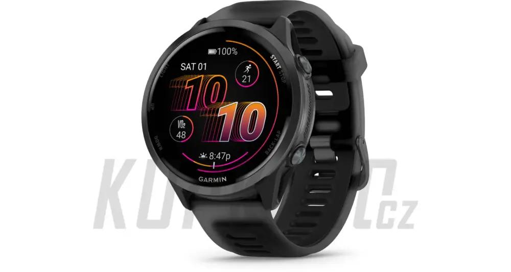Garmin Forerunner 570 47mm, šedá hliníková luneta, černý poloprůhledný řemínek Levný