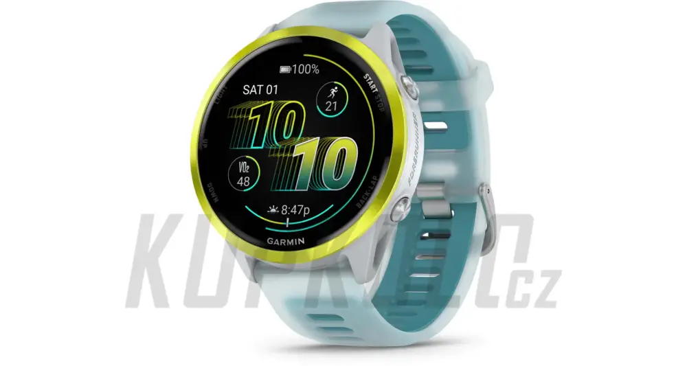 Garmin Forerunner 570 47mm, žlutá hliníková luneta, bílý/tyrkysový poloprůhledný řemínek Objednat Nyní