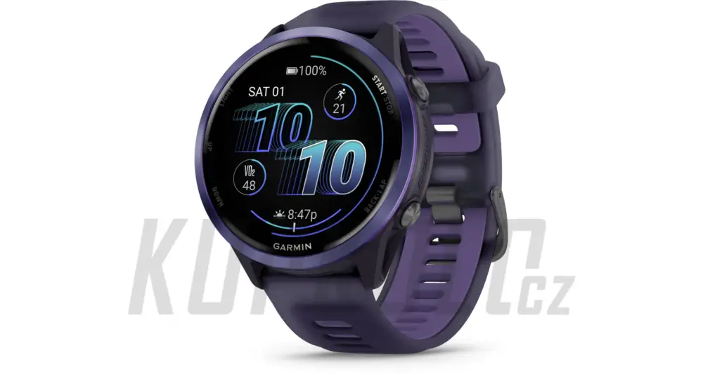 Garmin Forerunner 570 47mm, fialová hliníková luneta, fialový poloprůhledný řemínek Rychlé Dodání